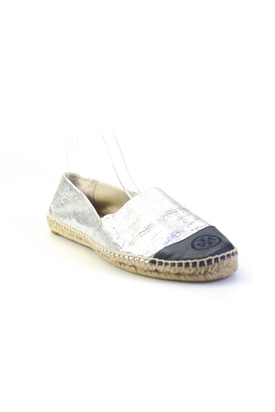 Tory Burch Womens Cap Toe Crackle Metallic Leather Espadrilles Silver Size 10