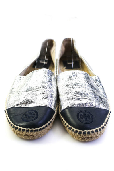 Tory Burch Womens Cap Toe Crackle Metallic Leather Espadrilles Silver Size 10