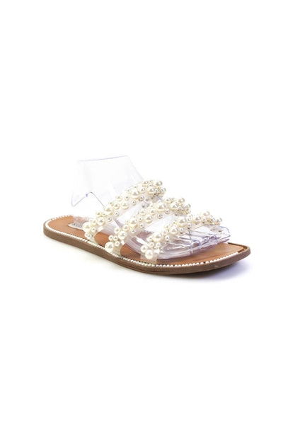 Steve Madden Womens Faux Pearl Beaded Strappy Slides Sandals White Size 11