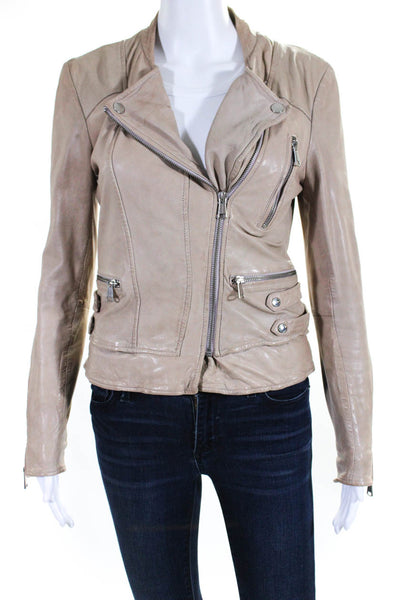 Andrew Marc Womens Asymmetrical Zip Leather Moto Jacket Beige Size Small