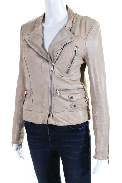 Andrew Marc Womens Asymmetrical Zip Leather Moto Jacket Beige Size Small