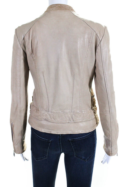 Andrew Marc Womens Asymmetrical Zip Leather Moto Jacket Beige Size Small