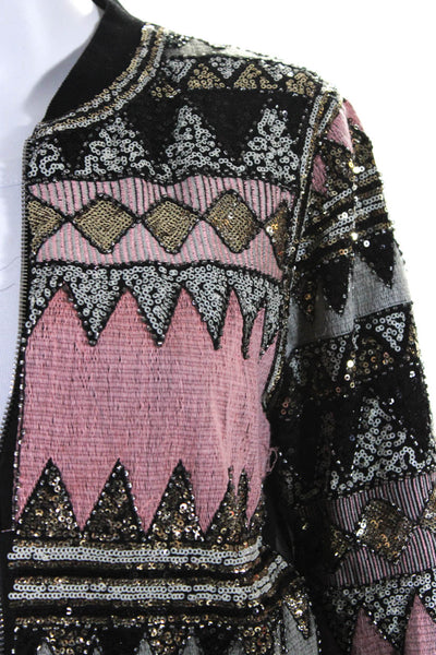 Endless Rose Womens Beaded Sequin Geometric Bomber Jacket Black Pink Size Small