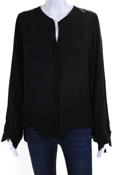 Parker Womens Y Neck Long Sleeve Button Up Top Blouse Black Silk Size Medium