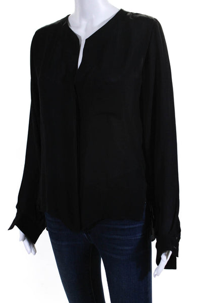 Parker Womens Y Neck Long Sleeve Button Up Top Blouse Black Silk Size Medium