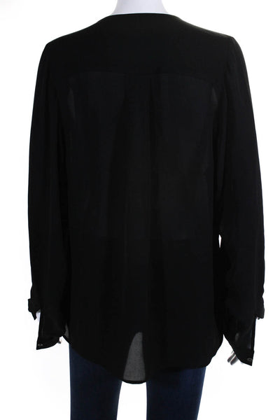 Parker Womens Y Neck Long Sleeve Button Up Top Blouse Black Silk Size Medium