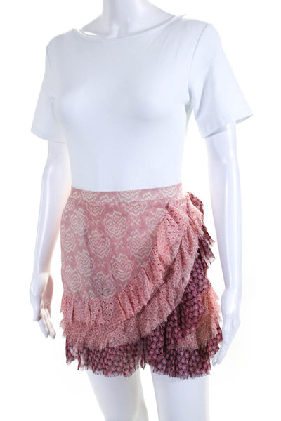 Love Shack Fancy Womens Low Rise Elastic Waist Flounce Mini Skirt Pink Silk XS