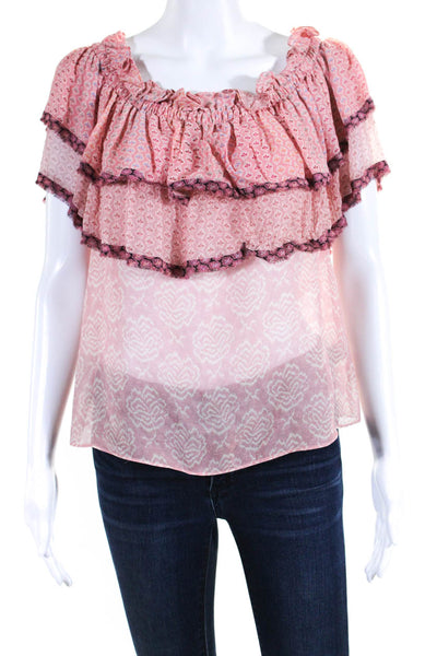 Love Shack Fancy Womens Off Shoulder Ruffle Top Blouse Pink Silk Size XS