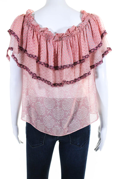 Love Shack Fancy Womens Off Shoulder Ruffle Top Blouse Pink Silk Size XS