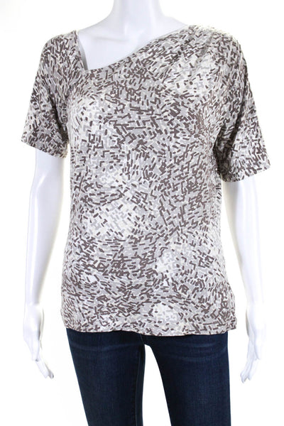 St. John Womens Short Sleeve V Neck Printed Knit Shirt Brown White Size Large