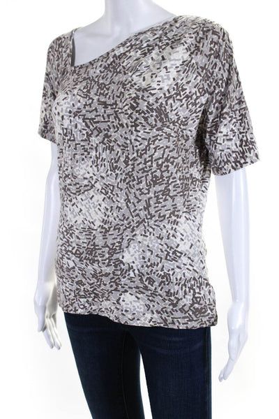 St. John Womens Short Sleeve V Neck Printed Knit Shirt Brown White Size Large