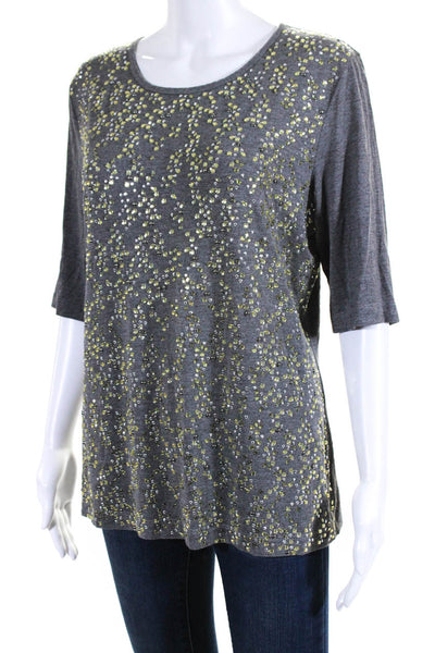 St. John Womens Short Sleeve Crystal Studded Tee Shirt Gray Size Large