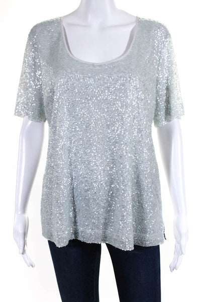 St. John Womens Short Sleeve Sequin Knit Scoop Neck Shier Gray Size 10