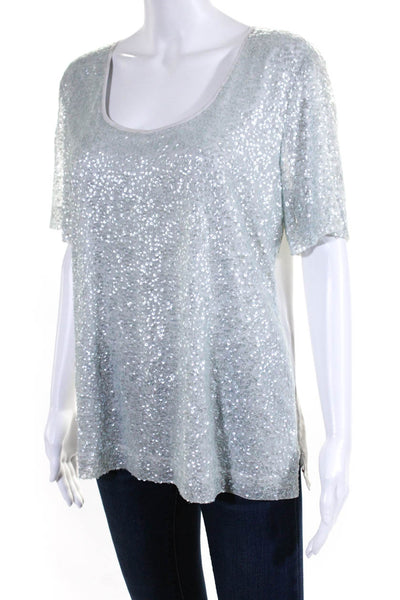 St. John Womens Short Sleeve Sequin Knit Scoop Neck Shier Gray Size 10