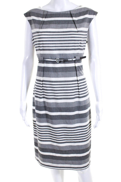 Calvin Klein Womens Striped Belted Sleeveless Sheath Dress Gray White Size 10