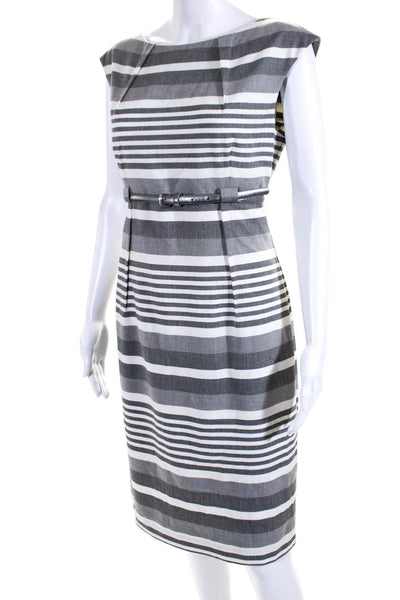 Calvin Klein Womens Striped Belted Sleeveless Sheath Dress Gray White Size 10