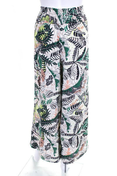 Tahari Womens Smocked Waist Tropical Wide Leg Pants Green White Yellow Size XL