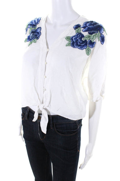 Rails Womens Button Front Short Sleeve Floral Embroidered Top White Size Small