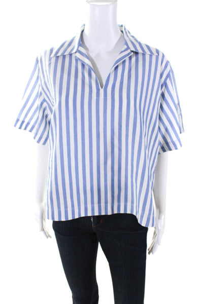 ACNE Studios Womens Oversized Collared V Neck Striped Shirt Blue White IT 38