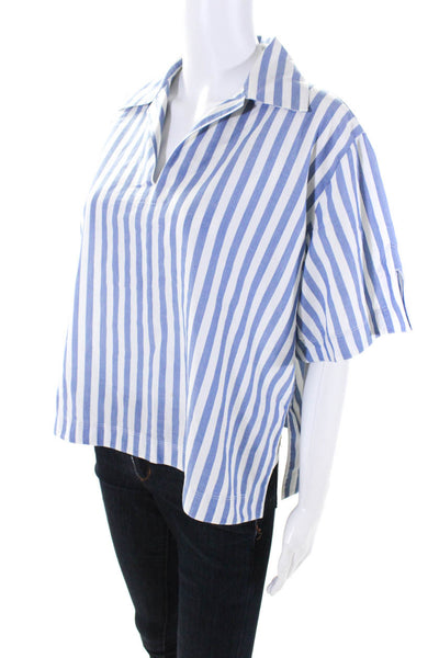 ACNE Studios Womens Oversized Collared V Neck Striped Shirt Blue White IT 38