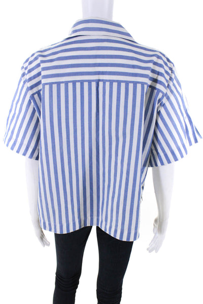 ACNE Studios Womens Oversized Collared V Neck Striped Shirt Blue White IT 38