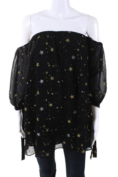 Lovers + Friends Womens Stars Print Long Sleeves Blouse Black Gold Size Extra Sm