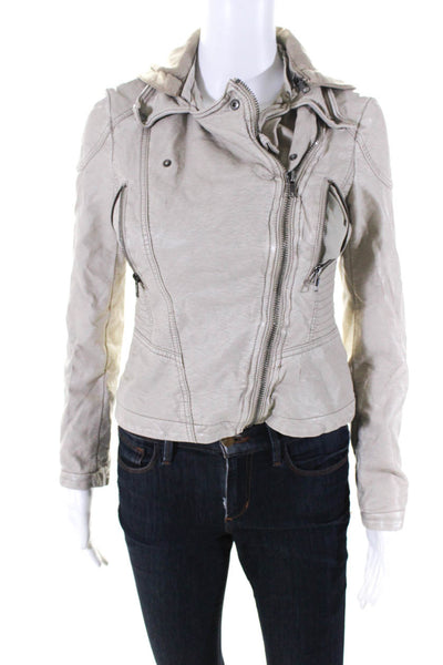 Free People Womens Faux Leather Full Zipper Hooded Biker Jacket Beige Size 0