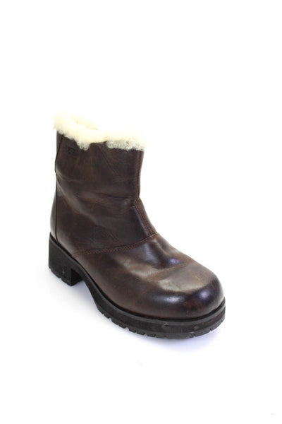 Ugg Womens Leather Shearling Lined Platform Boots Brown Size 7