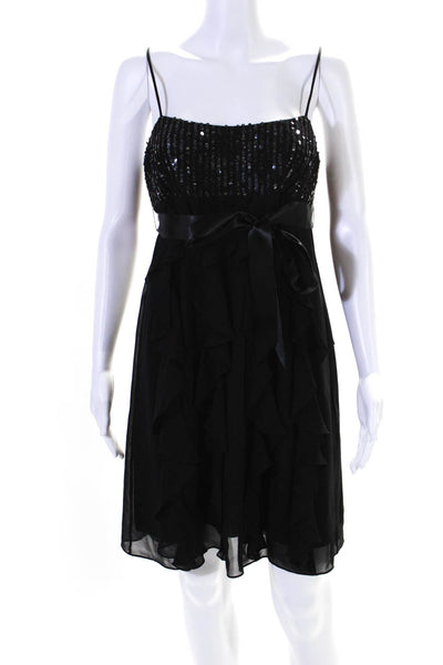 BCBG Max Azria Womens Embroidered Sequined Ruffled Tied Zip Dress Black Size 8P