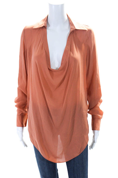 Haute Hippie Womens Silk Collared V-Neck Long Sleeve Blouse Orange Size S