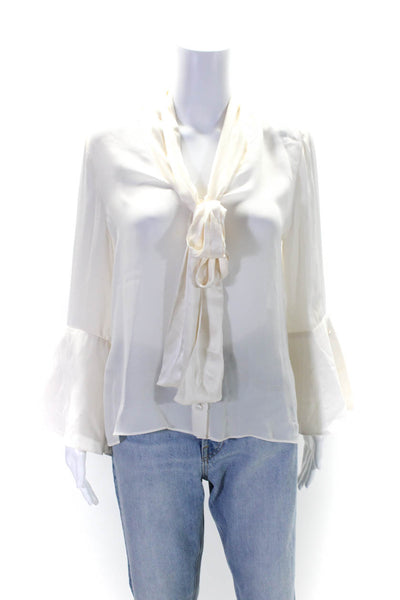 Alice + Olivia Womens Silk Collared Buttoned Long Sleeve Blouse White Size M