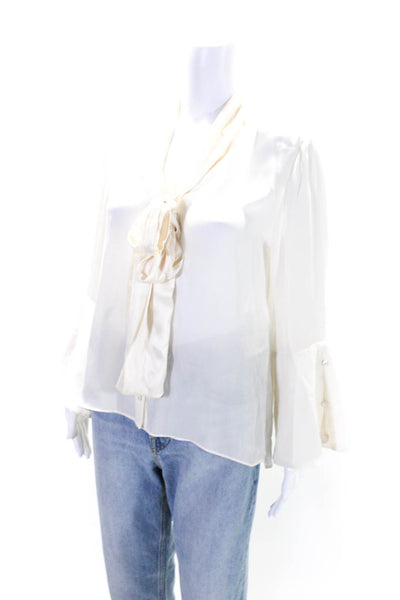 Alice + Olivia Womens Silk Collared Buttoned Long Sleeve Blouse White Size M