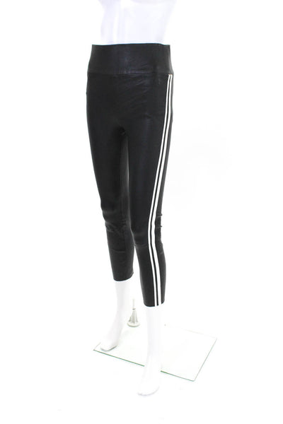 SPRWMN Womens Leather Striped Elastic High Waist Fashion Leggings Black Size M