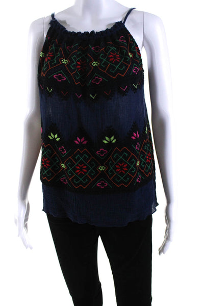 Calypso Saint Barth Womens Floral Embroidered Tank Top Navy Blue Size Extra Smal