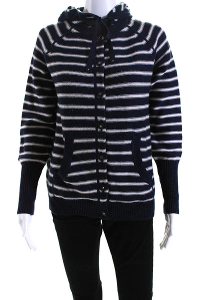 Rebecca Taylor Womens Striped Button Down Hoodie Navy Blue White Wool Size Small