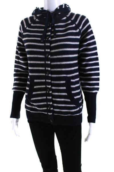 Rebecca Taylor Womens Striped Button Down Hoodie Navy Blue White Wool Size Small