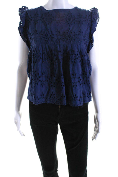 Soeur Womens Eyelet Ruffled Sleeves Blouse Navy Blue Cotton Size Extra Small