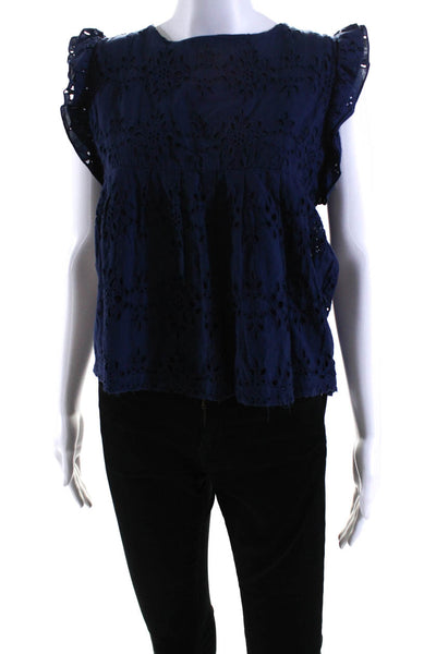 Soeur Womens Eyelet Ruffled Sleeves Blouse Navy Blue Cotton Size Extra Small