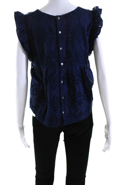 Soeur Womens Eyelet Ruffled Sleeves Blouse Navy Blue Cotton Size Extra Small