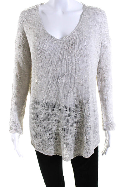 Helmut Lang Womens Linen Long Sleeves Knit V Neck Sweater Gray Size Small