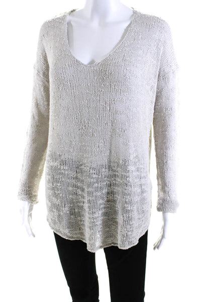 Helmut Lang Womens Linen Long Sleeves Knit V Neck Sweater Gray Size Small