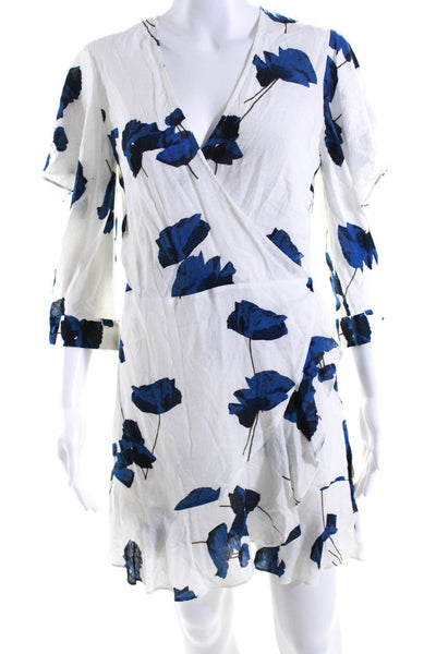 Michelle Mason Womens Floral Print Short Sleeves A Line Wrap Dress White Blue Si