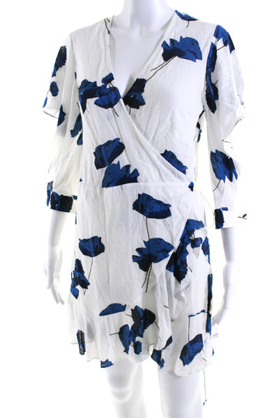 Michelle Mason Womens Floral Print Short Sleeves A Line Wrap Dress White Blue Si