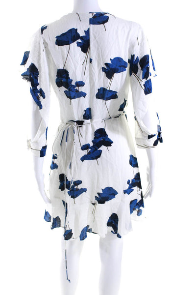 Michelle Mason Womens Floral Print Short Sleeves A Line Wrap Dress White Blue Si