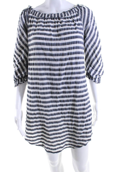 Malia Mills Womens Striped Long Sleeves Shirt Dress Gray White Cotton Size Small