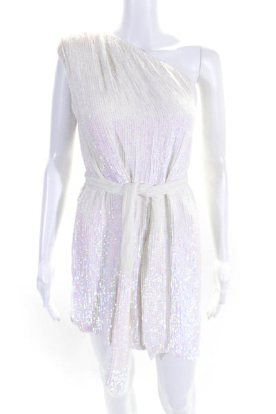 Retrofete Womens Iridescent Sequined One Shoulder Belted Zip Dress White Size M