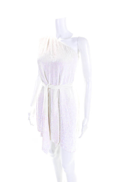 Retrofete Womens Iridescent Sequined One Shoulder Belted Zip Dress White Size M