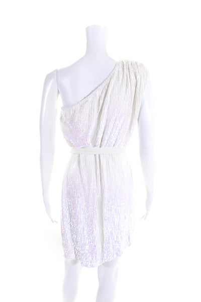 Retrofete Womens Iridescent Sequined One Shoulder Belted Zip Dress White Size M