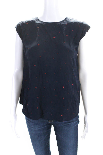 Joie Womens Ladybug Print Cap Sleeve Top Blouse Navy Blue Red Size Extra Small