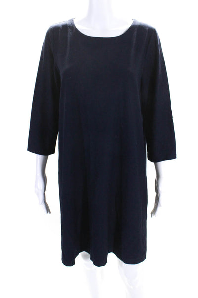 Eileen Fisher Womens 3/4 Sleeve Scoop Neck Knit Shirt Dress Navy Size Medium